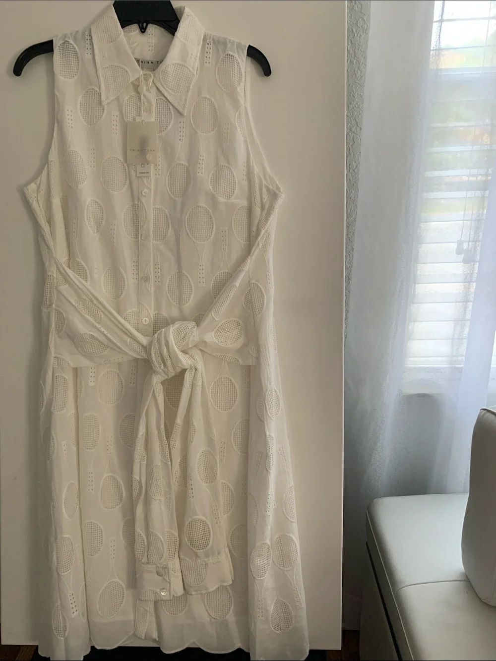 NWT Trina Turk White Eyelet Tennis Racquet Midi Shirt Dress Self-Tie Size L $398